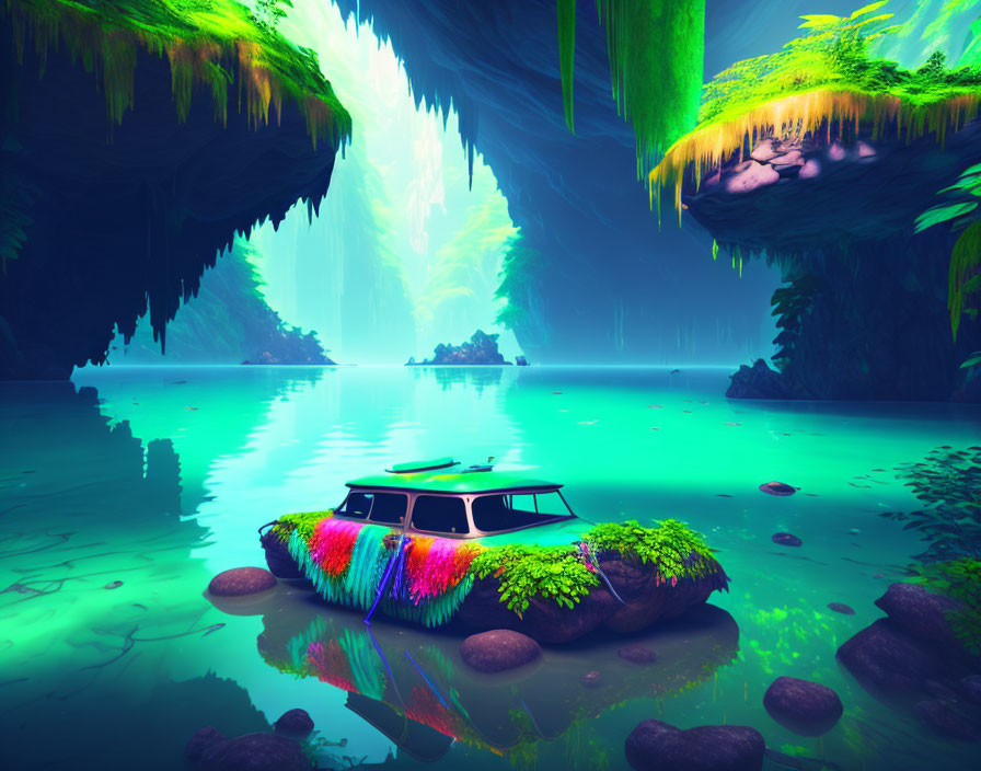 Colorful Moss-Covered Van in Mystical Cave with Turquoise Waters