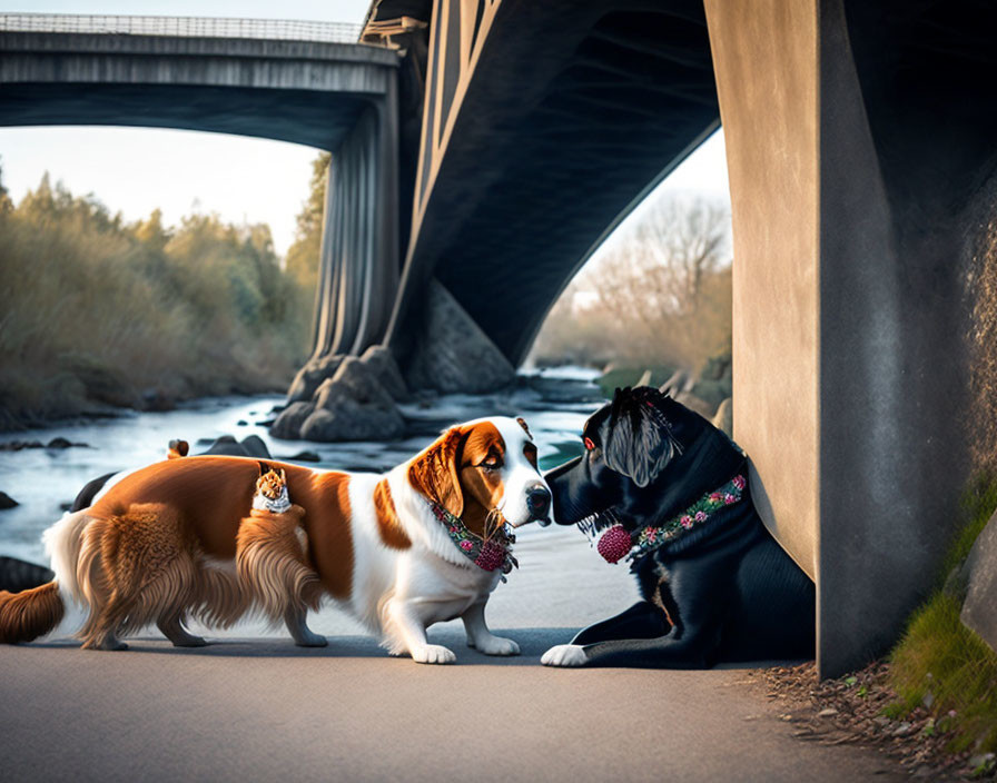 Two dogs wearing decorative necklaces under a bridge by a river, one sitting and the other lying down