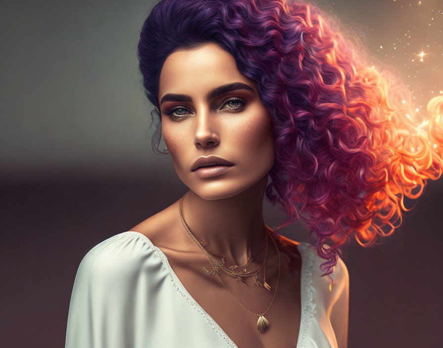 Portrait of Woman with Blue Eyes and Gradient Hair Sparkles