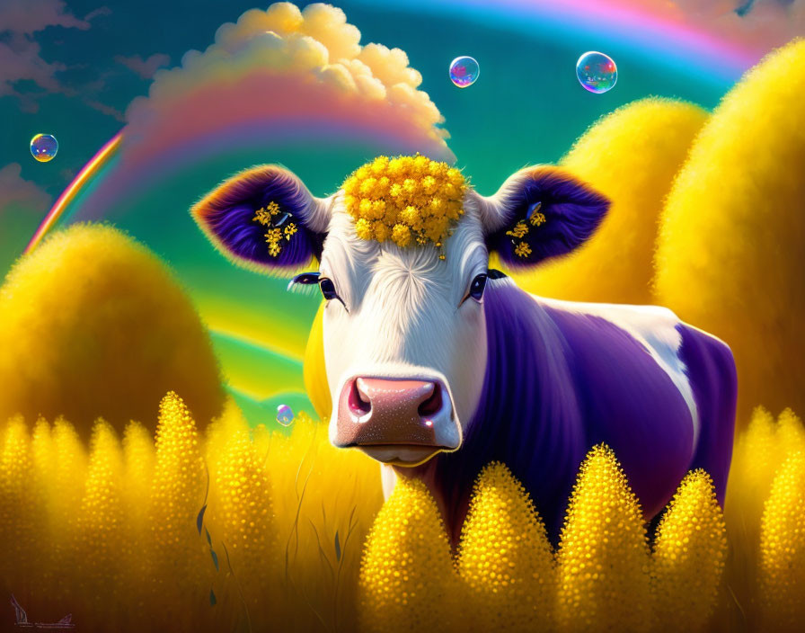 Vibrant Cow Illustration with Flowers, Fields, and Rainbow