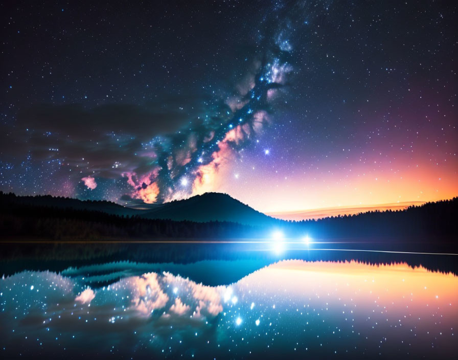 Tranquil lake with vibrant night sky and Milky Way over serene forested horizon