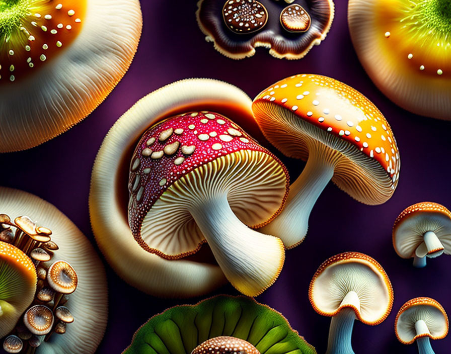 Colorful stylized mushrooms with intricate patterns on purple background