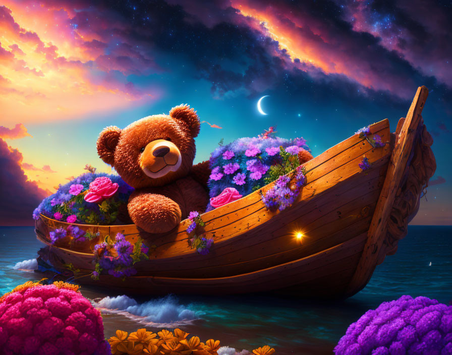 Starry Night Sky Teddy Bear in Wooden Boat Scene