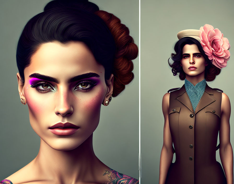 Digital artwork split: Woman with striking makeup and tattoos on left, vintage-style portrayal with hat and coat