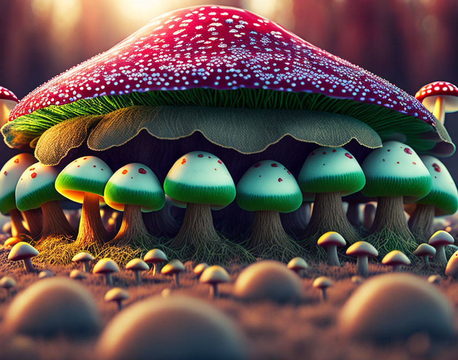 Colorful Mushroom Scene with Red-Capped Shelter