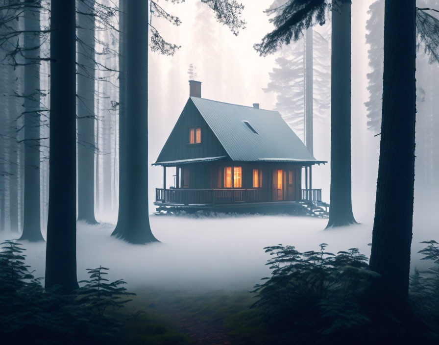 Misty forest scene: solitary house with glowing windows