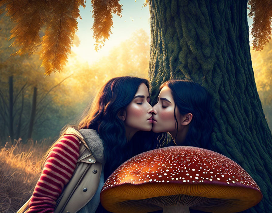 Woman kissing reflection on giant mushroom in autumn forest