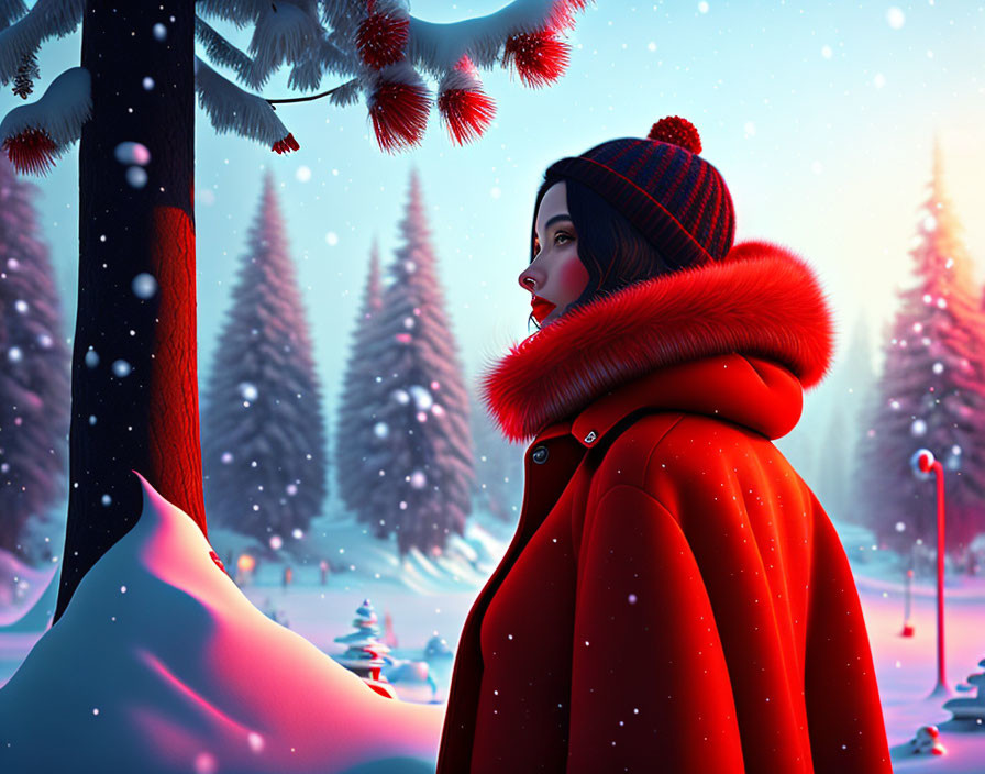 Woman in red coat and beanie in snowy forest with visible breath and gentle snowfall at dusk