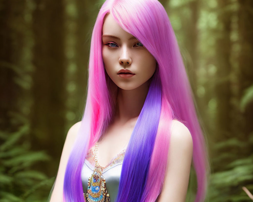 Vibrant pink and purple hair woman in surreal forest portrait