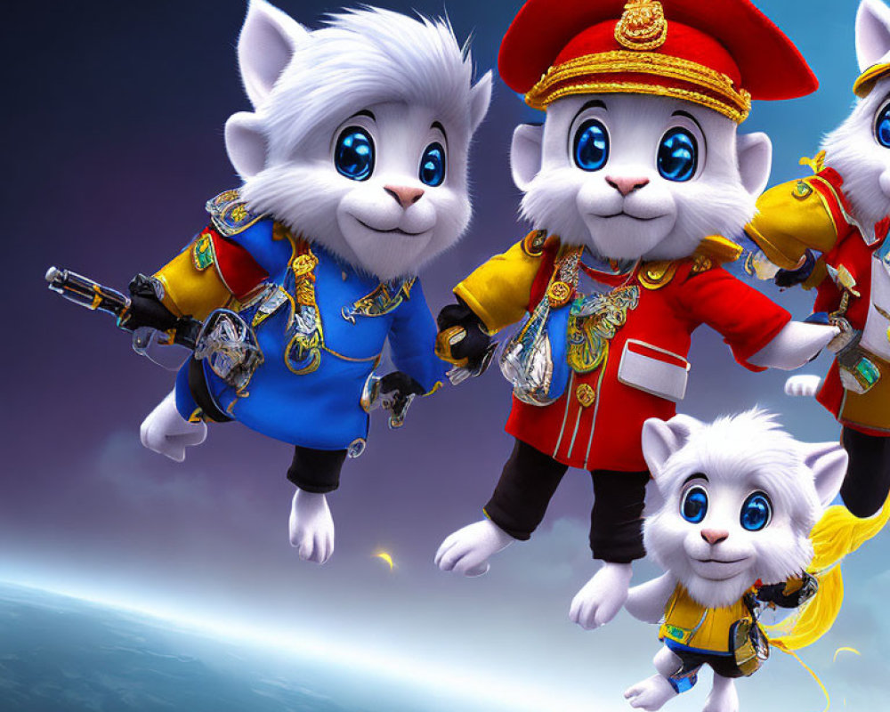 Four anthropomorphic kittens in ceremonial military uniforms flying with determination