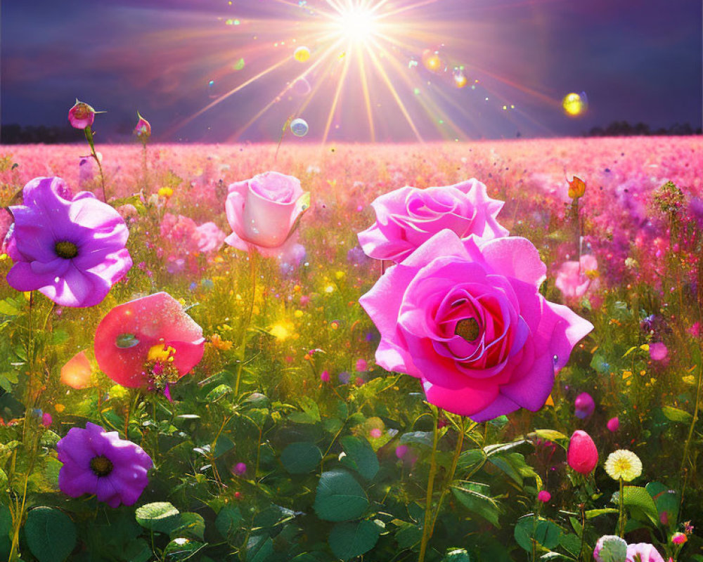 Colorful Flowers Field with Lens Flare and Purple-Pink Sky