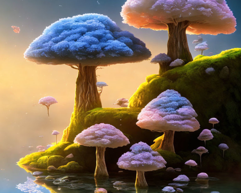 Lush fantasy landscape with oversized mushroom-like trees and smaller floating mushrooms