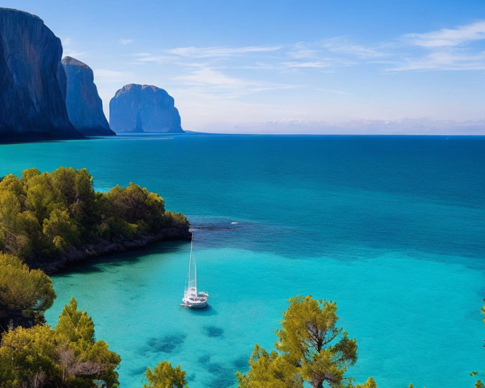 Tranquil coastal landscape with sailboat in clear blue bay