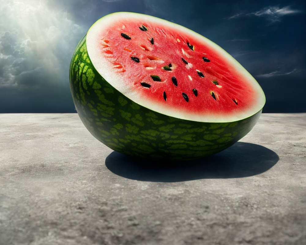 Fresh half watermelon with red flesh and seeds on rough surface under cloudy sky