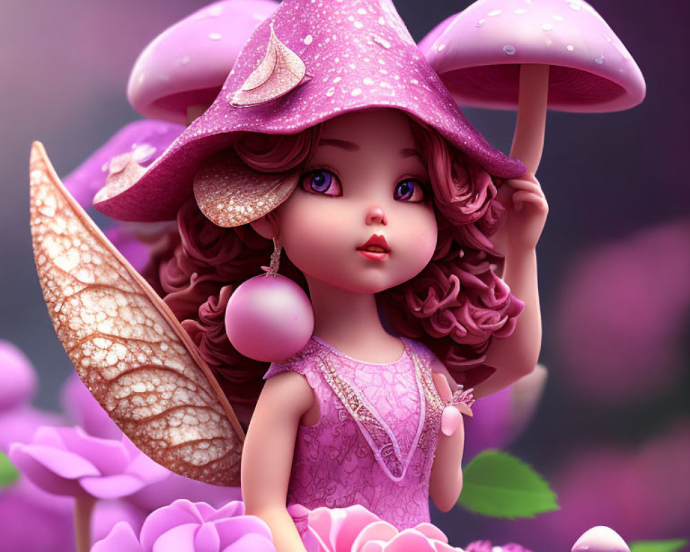 Whimsical 3D fairy illustration with expressive eyes and mushroom hat