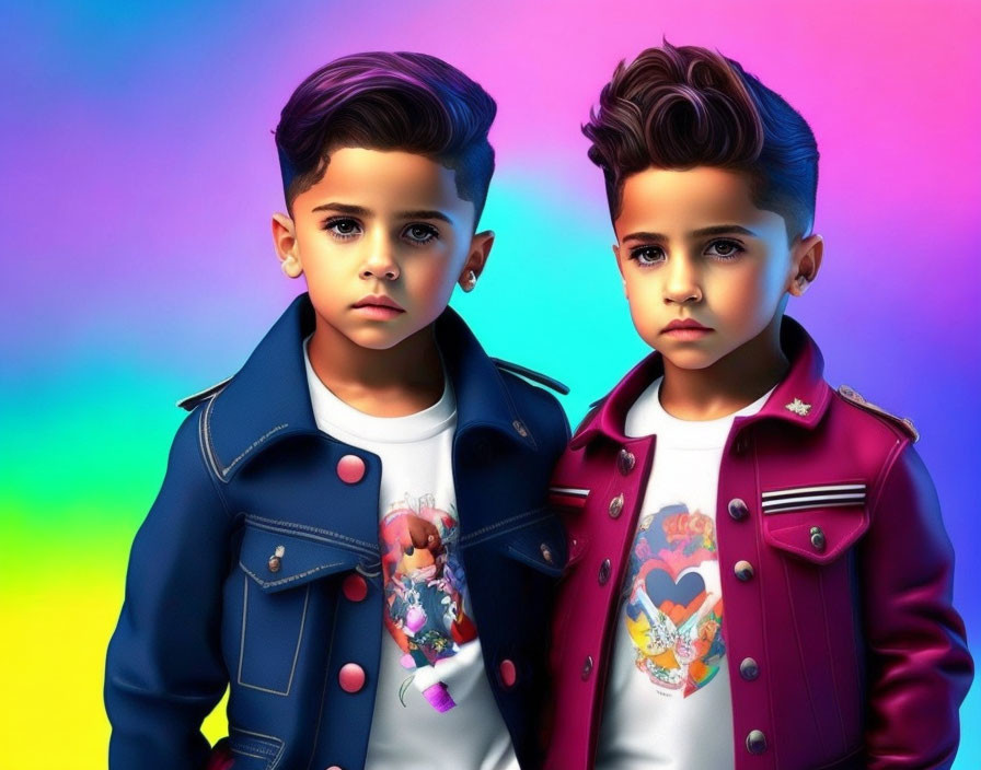 Two young boys in stylish jackets on vibrant multicolored background