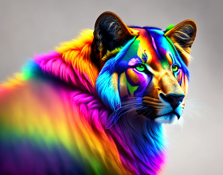 Vibrant rainbow-colored tiger digital artwork on plain background