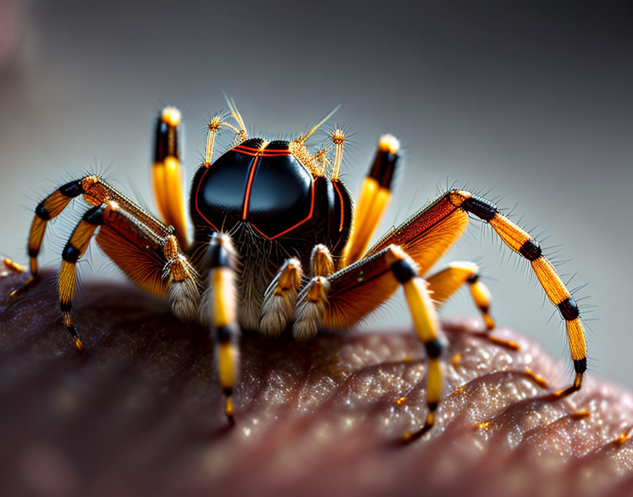 Colorful jumping spider with orange and black markings on textured surface