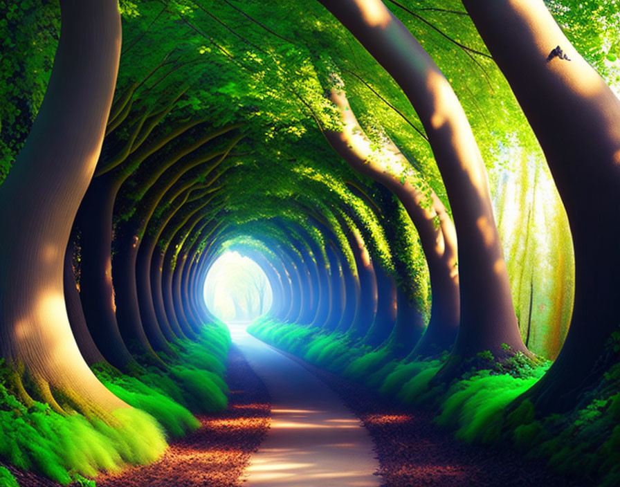 Tranquil Pathway with Interlocking Trees and Sunlight Filtered Through Leaves