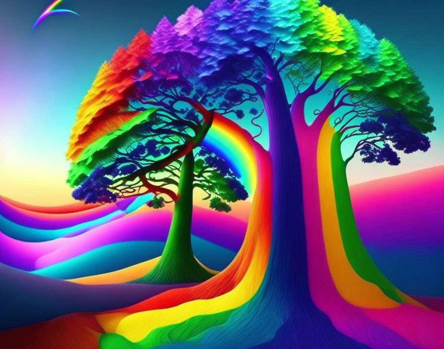 Colorful digital artwork of rainbow trees on wavy terrain under gradient sky