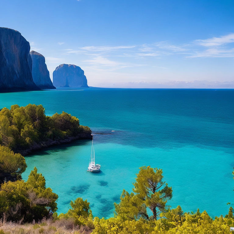 Tranquil coastal landscape with sailboat in clear blue bay