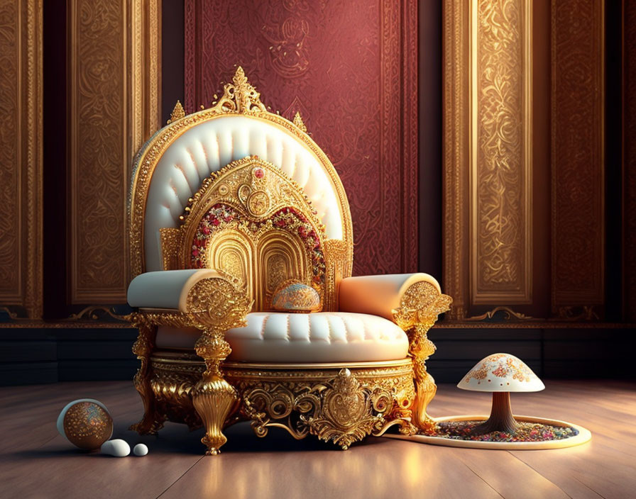 Golden Throne with Pillows in Elegant Room with Decorative Eggs and Mushroom