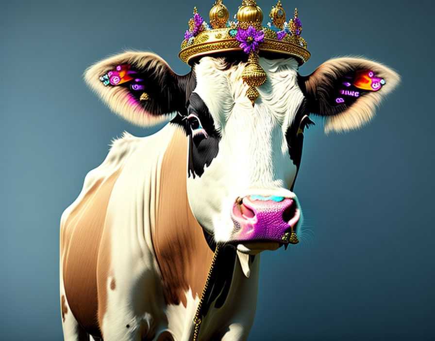 Digitally enhanced cow wearing crown and jewelry on blue background