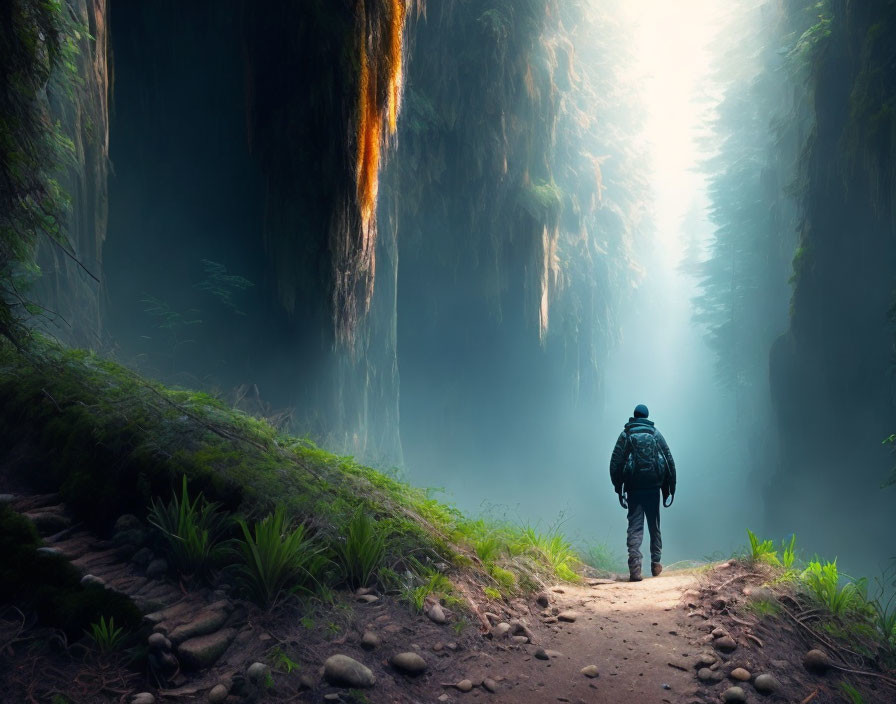 Hiker in misty sunlit forest with towering trees