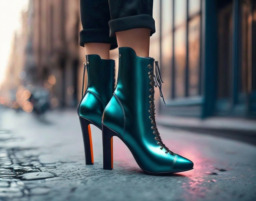 Teal high-heel ankle boots with laces and zipper on city street, pink reflection.