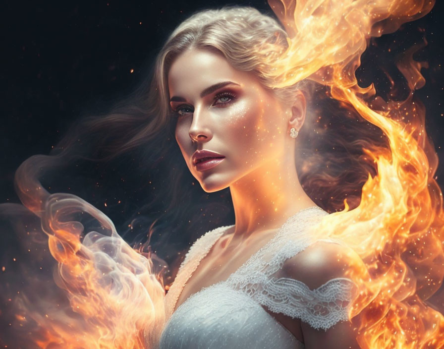 Digital artwork of woman with fiery hair on dark background