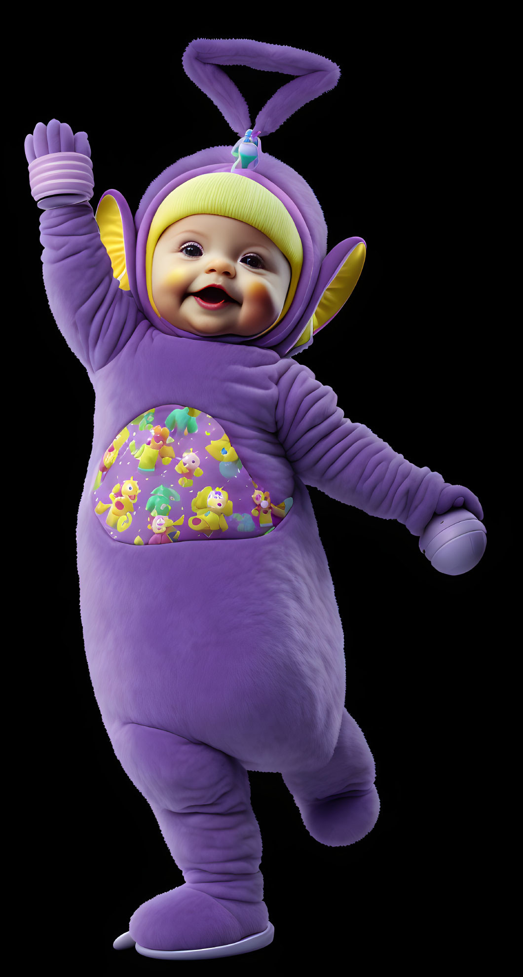 Purple bunny costume animated character waving and smiling