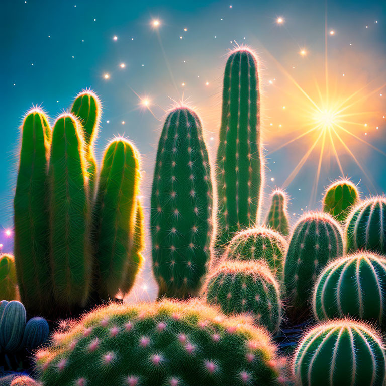 Colorful cactus scene under starry sky with glowing spines