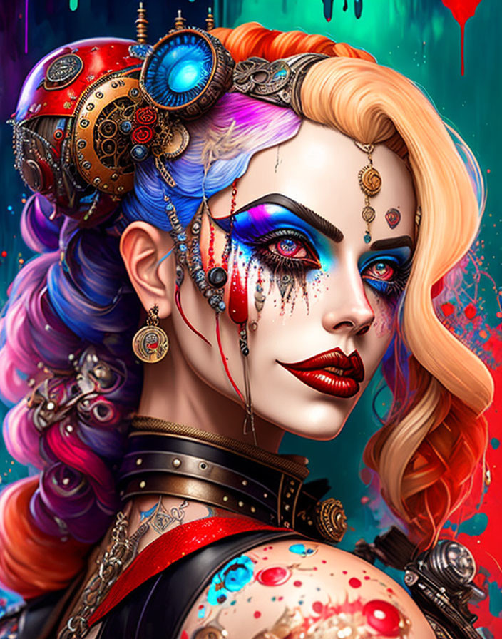 Colorful Steampunk Woman Portrait with Mechanical Eye