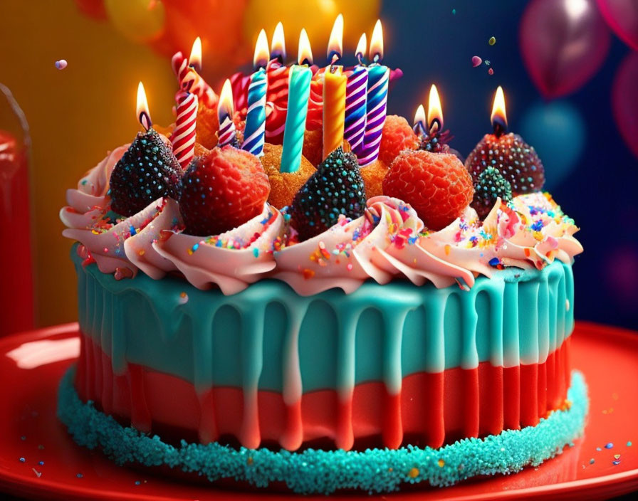 Colorful Birthday Cake with Lit Candles and Balloons