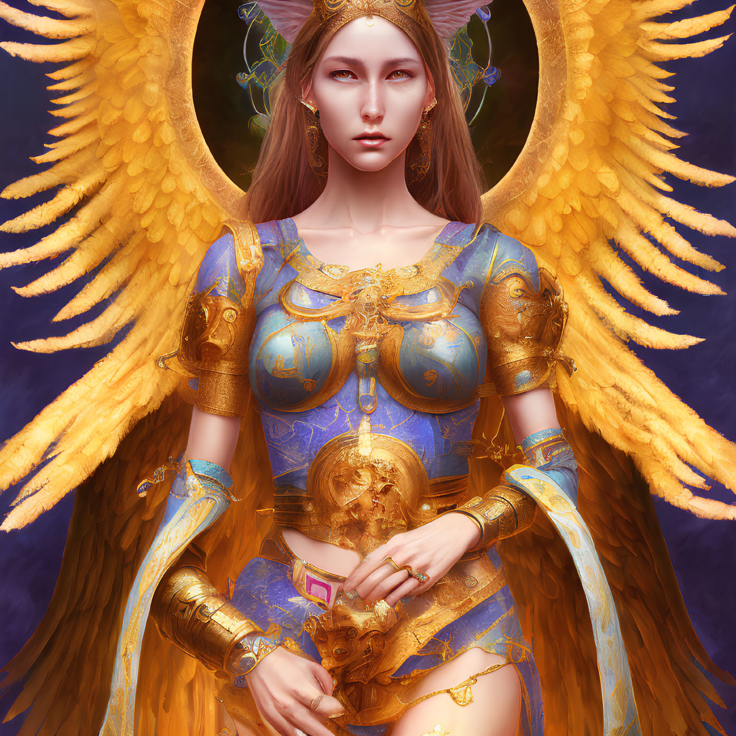 Digital art portrait of woman with golden angel wings and ornate blue and gold outfit.