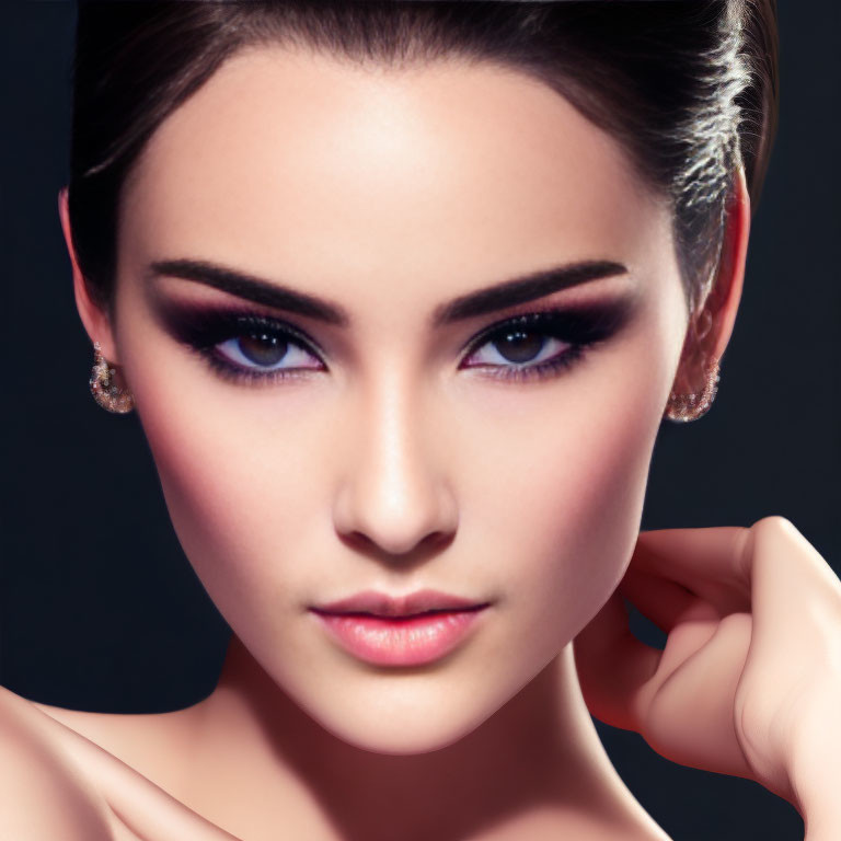 Close-Up of Woman with Dramatic Makeup and Earrings on Dark Background