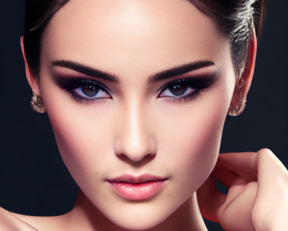 Close-Up of Woman with Dramatic Makeup and Earrings on Dark Background