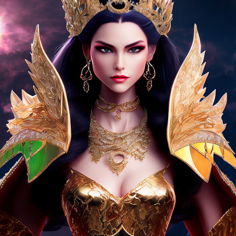 Regal female character in golden crown and ornate armor against moody backdrop