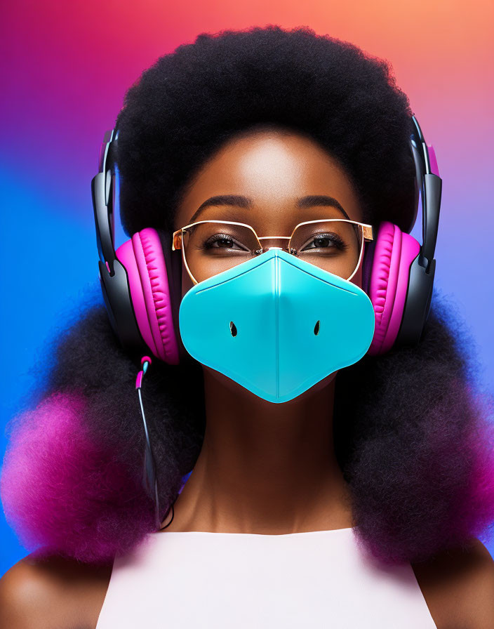 Woman with Afro in Headphones, Sunglasses, and Blue Face Mask