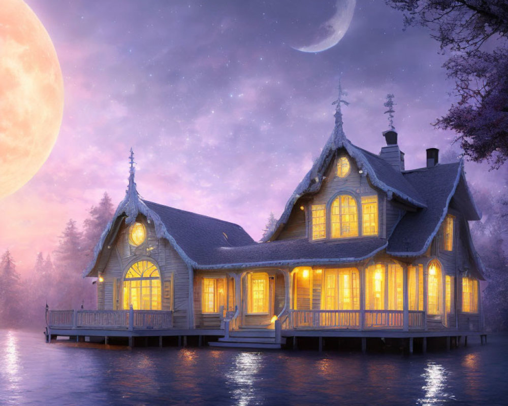 Cozy lakeside wooden cabin under moonlit sky