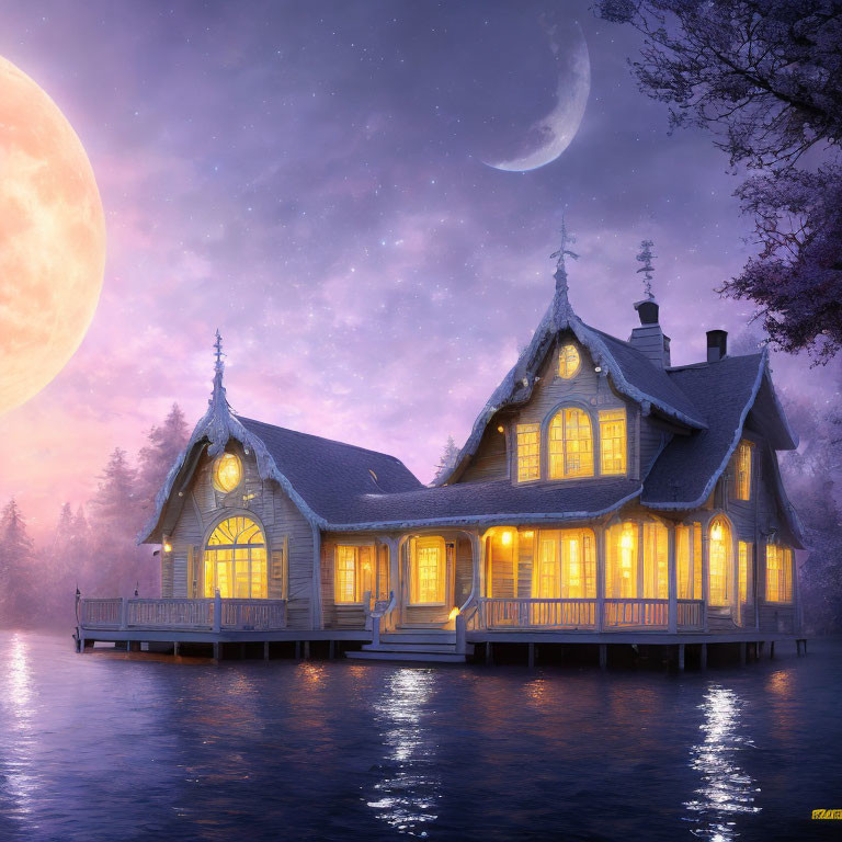 Cozy lakeside wooden cabin under moonlit sky