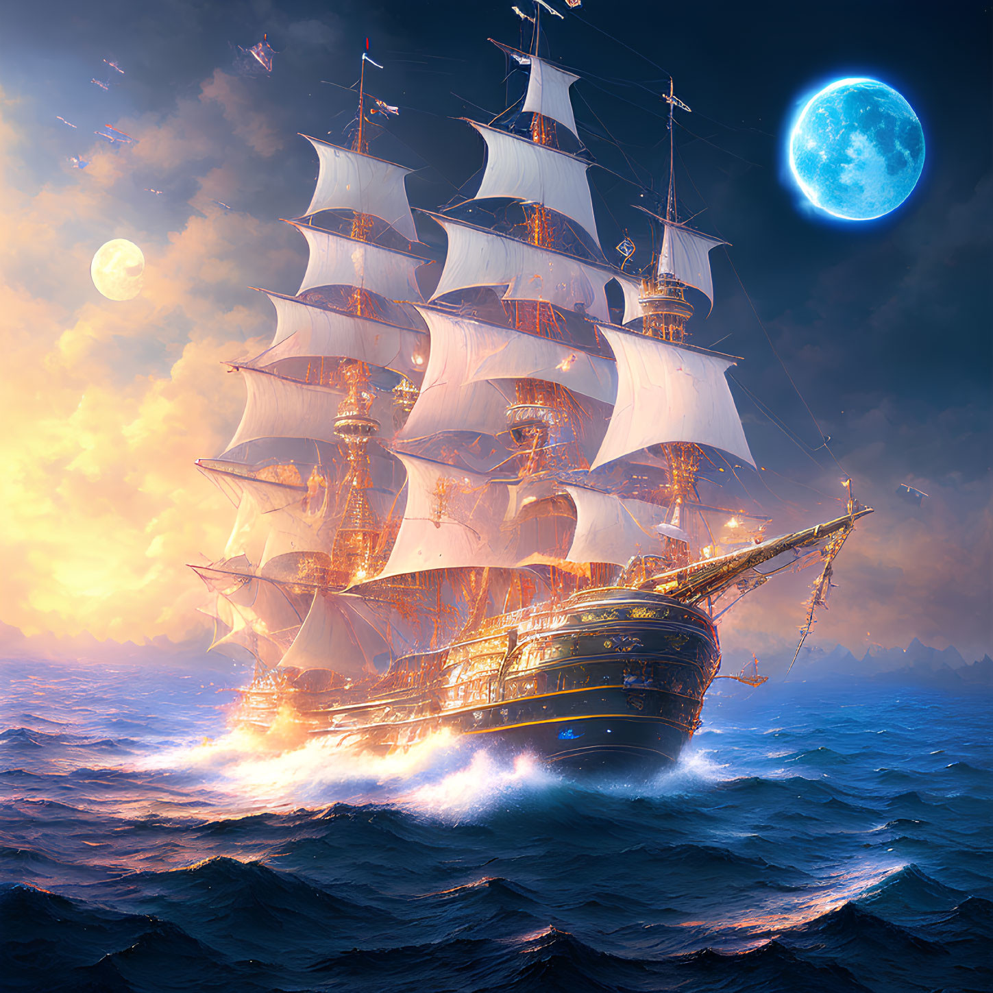 Sailing ship on turbulent ocean under blue moon & clouds