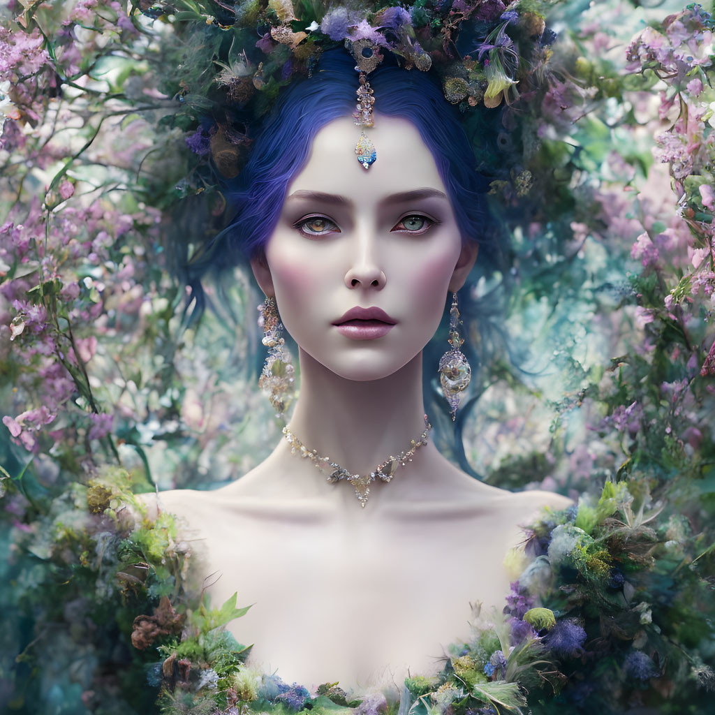 Portrait of woman with blue hair, vibrant skin, floral crown, and intricate jewelry in fantastical setting