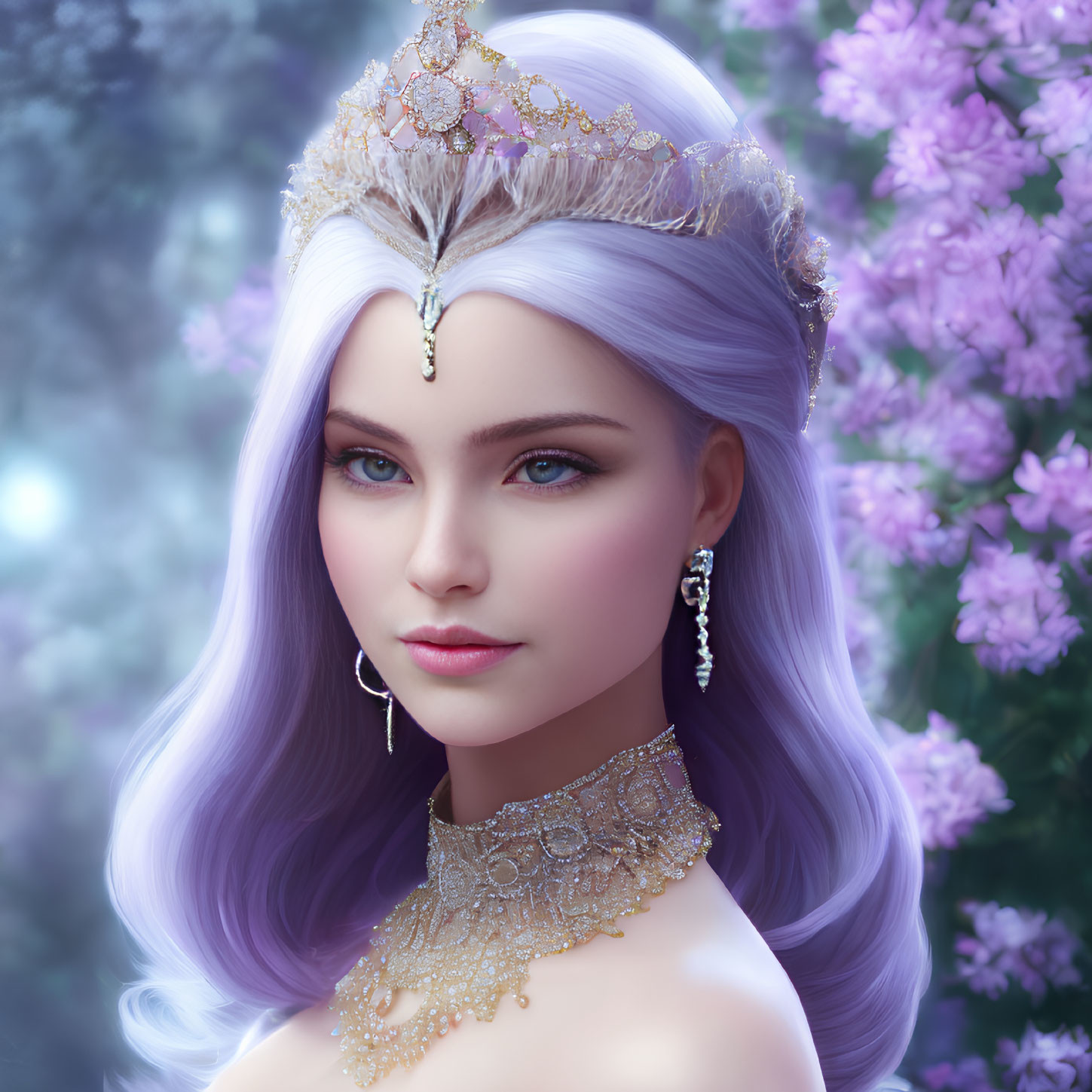 Fantasy female character with purple hair and ornate crown, surrounded by lilac flowers.