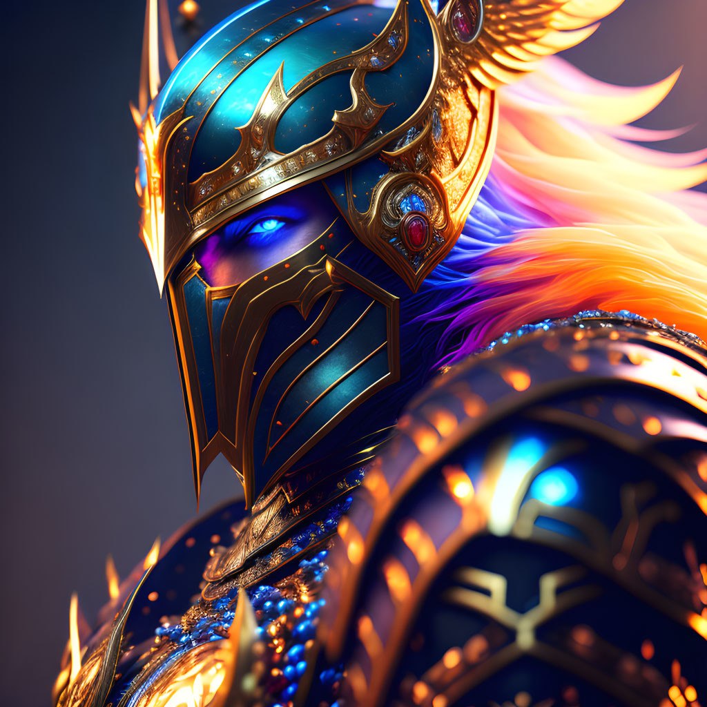 Detailed illustration of warrior in ornate armor with plumed helmet, vibrant colors, intricate designs, and