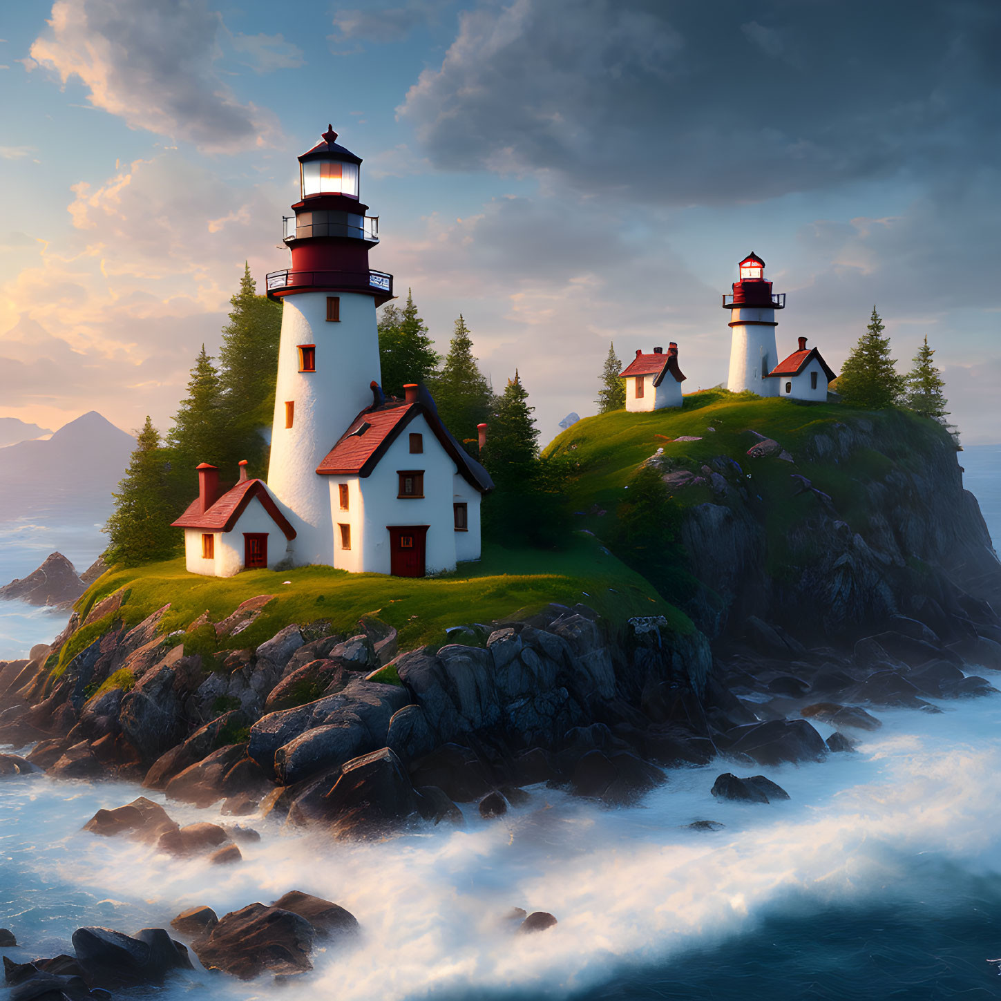 Scenic sunset view of three lighthouses on rocky outcrops by the sea