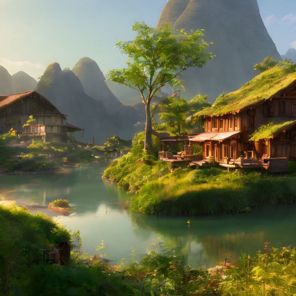 Tranquil River Setting with Rustic Wooden Houses