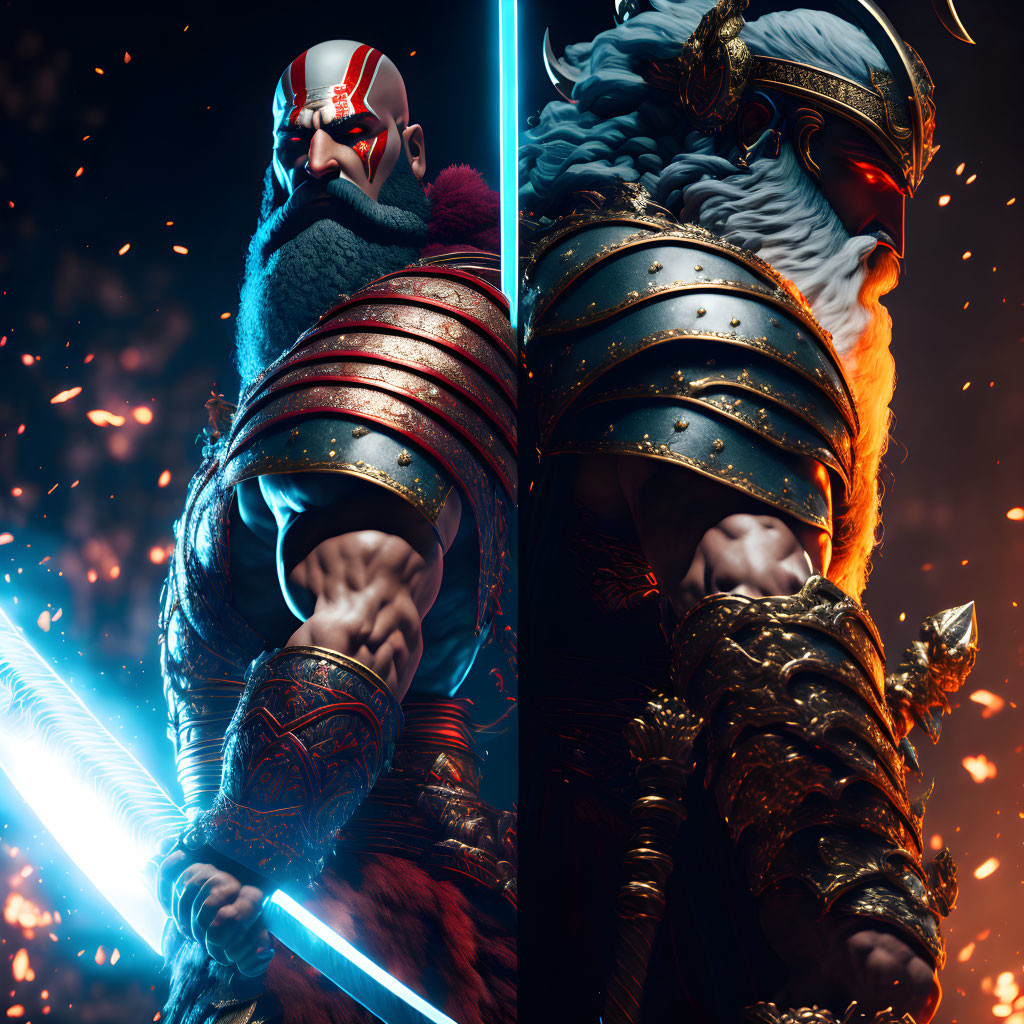 Stylized warriors with red and blue masks and lightsabers in dynamic pose