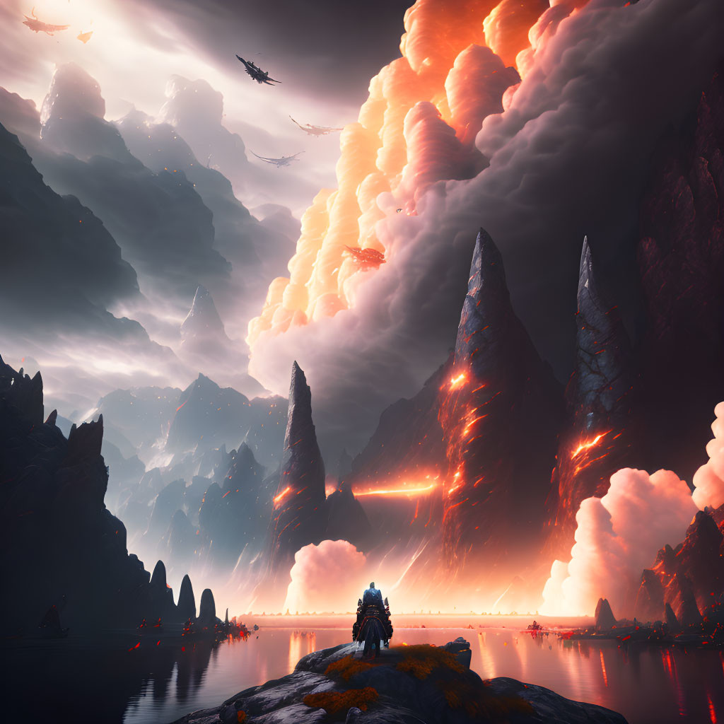 Alien landscape with towering spires, fiery sky, spaceships, and figure observing.