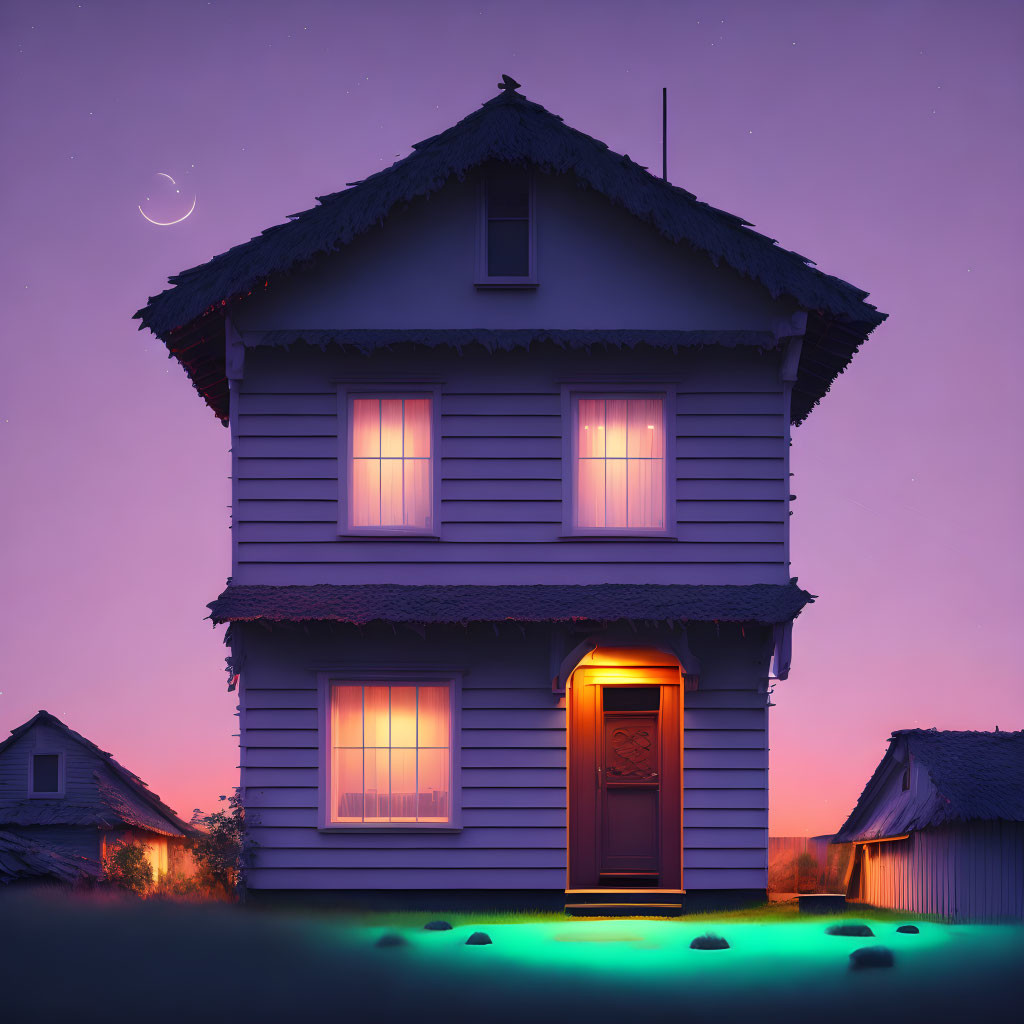 Two-story house in purple twilight with glowing windows and open door under crescent moon